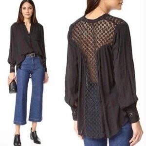 Free People Black Crochet Lace Back Oversized Button Down Blouse L